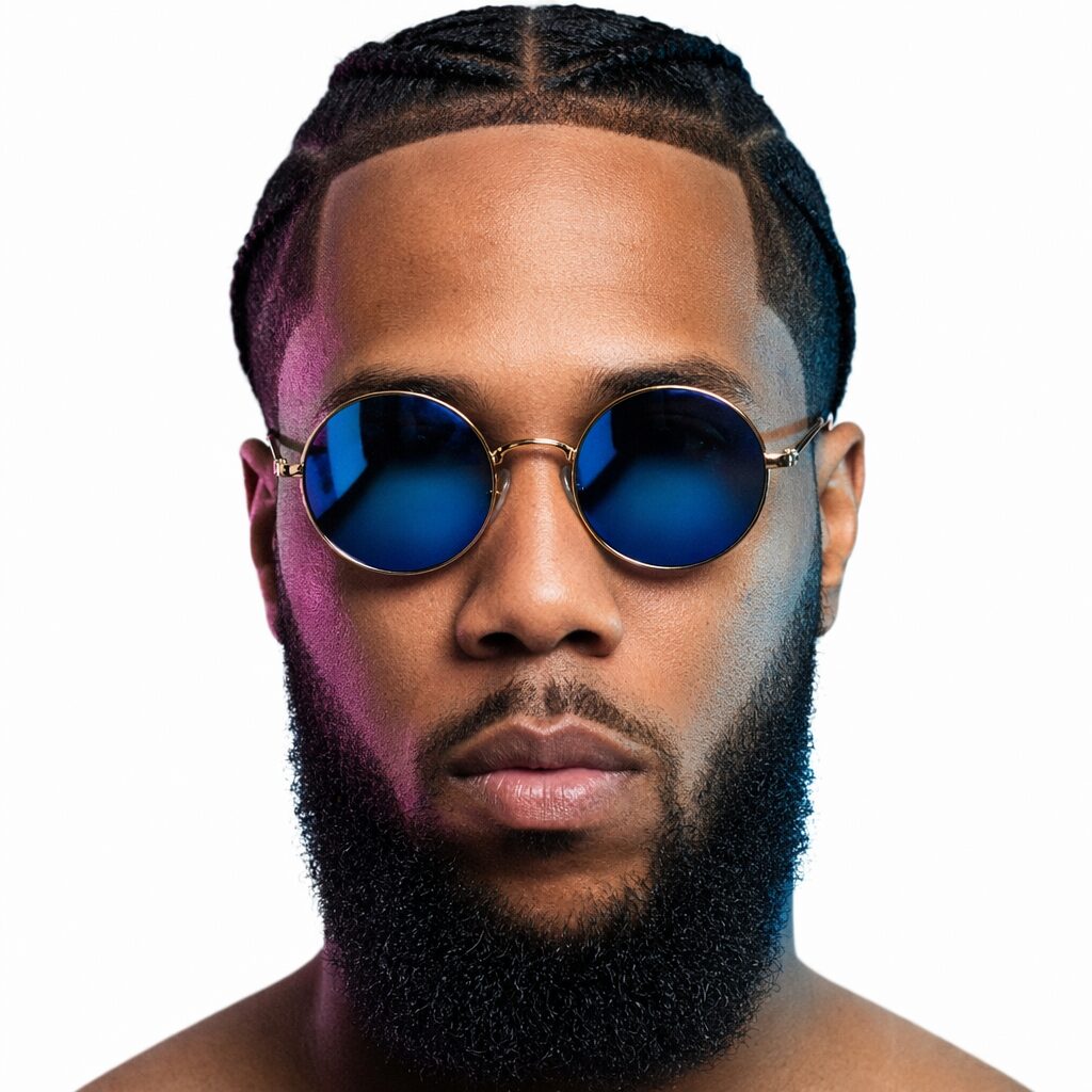 Quinetik portrait — cornrows, full beard, blue mirrored round shades with violet rim light