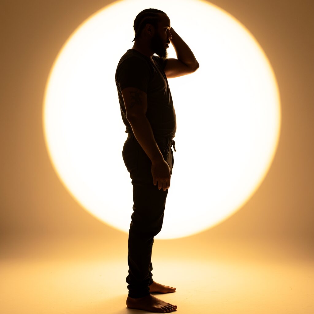Quinetik silhouetted against a warm circular orb of light