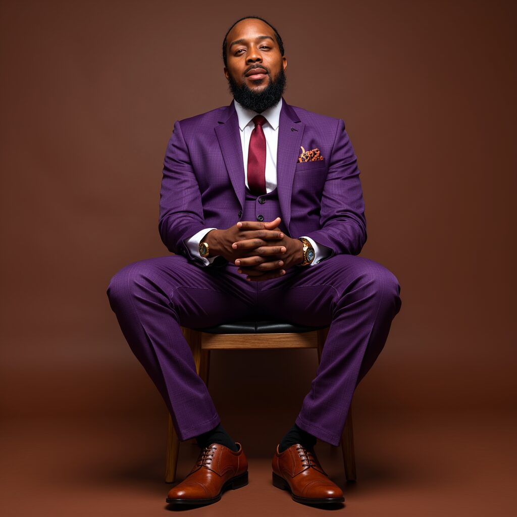 Quinetik in a tailored purple three-piece suit