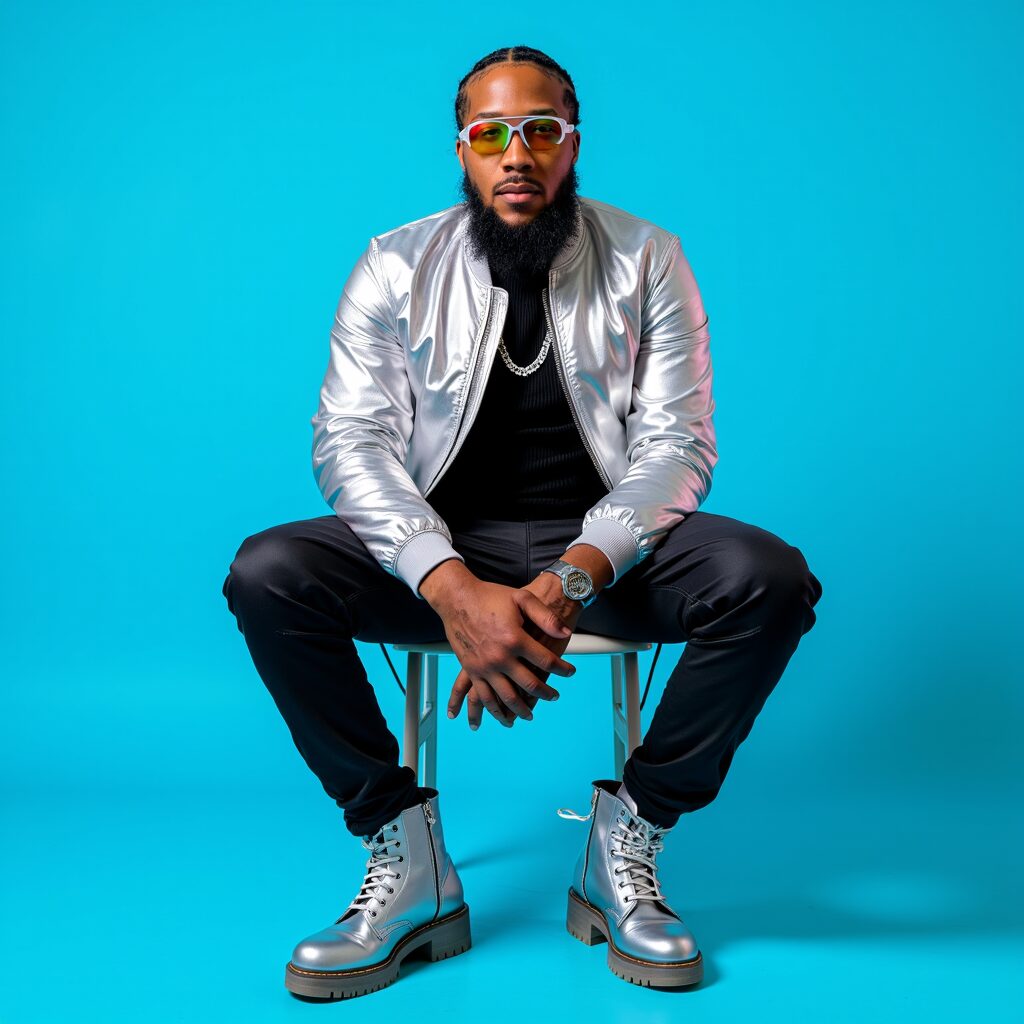 Quinetik in a silver metallic bomber against a cyan backdrop