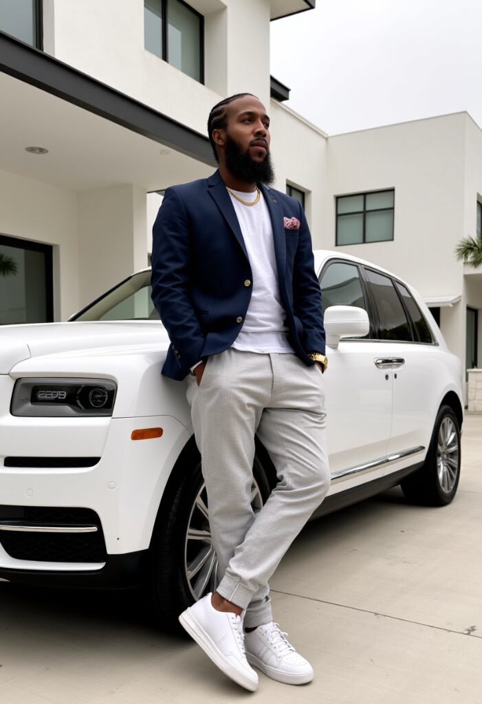 Quinetik in a navy blazer beside a white Rolls-Royce