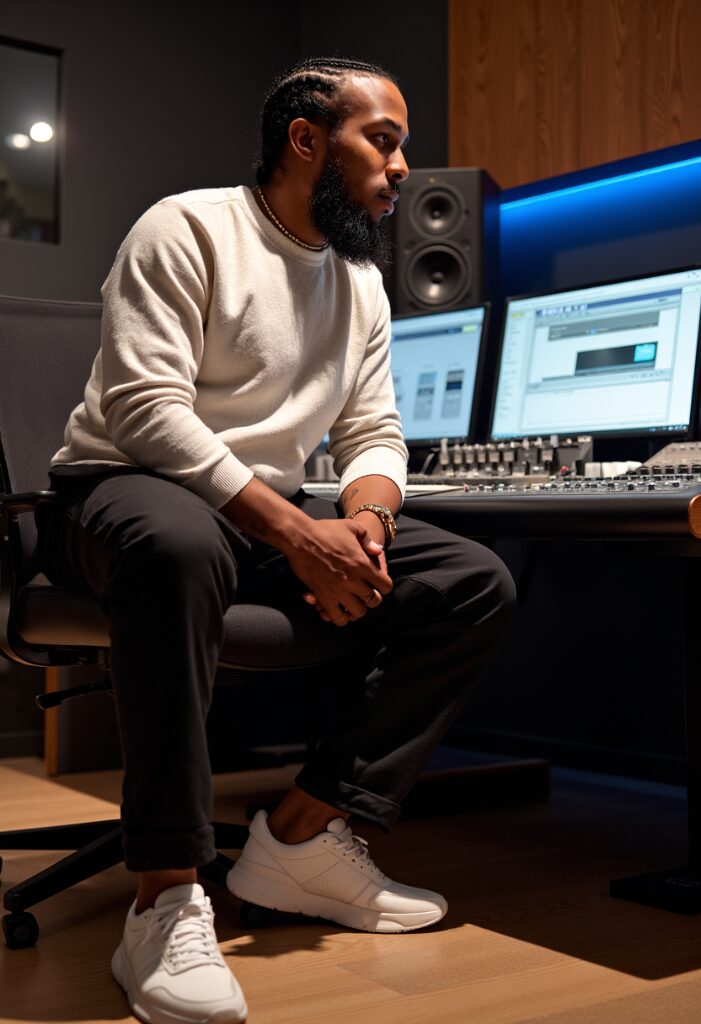 Quinetik seated at a studio mixing console with blue monitor glow